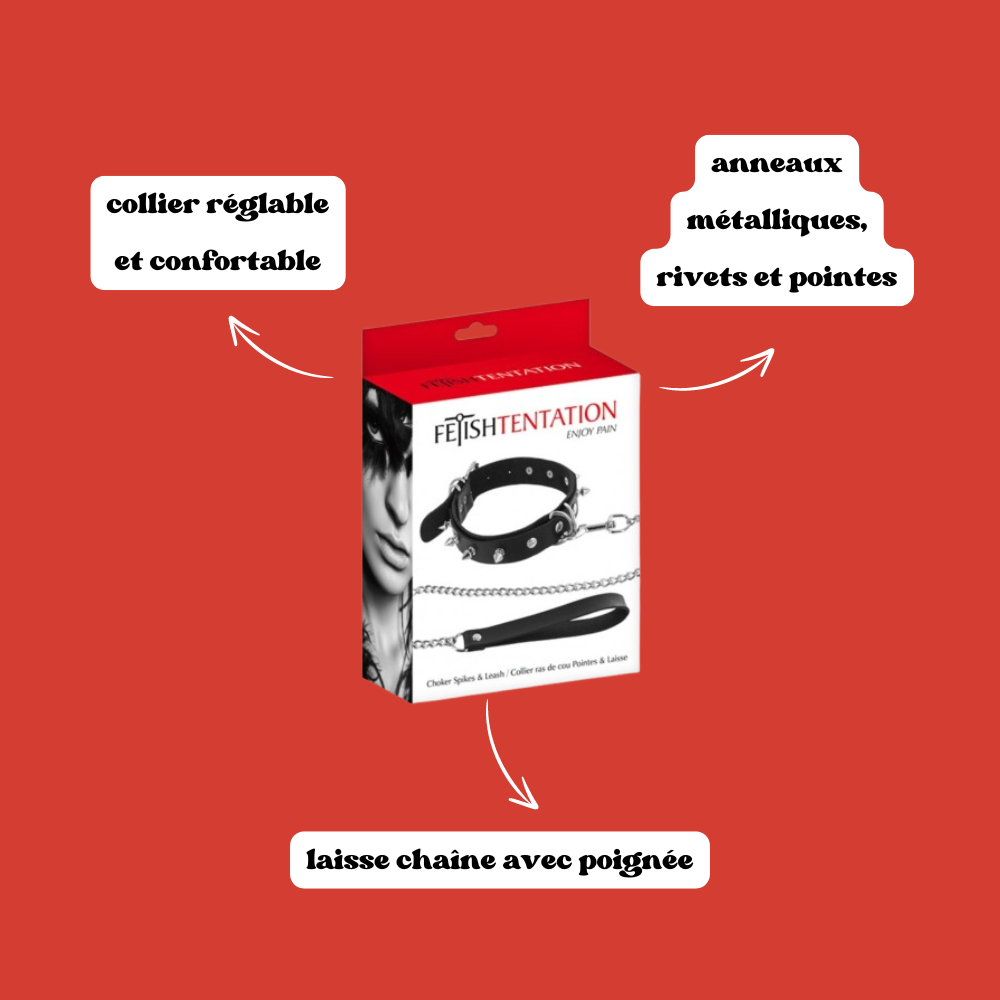 Collier fétichiste avec anneaux, pointes et laisse métallique