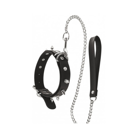 Collier fétichiste avec anneaux, pointes et laisse métallique